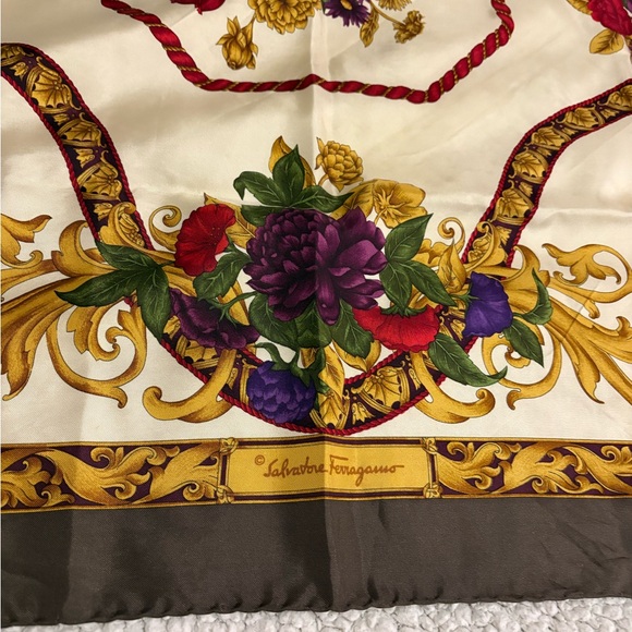 Salvatore Ferragamo Cream Silk Scarf with Floral Motif - Picture 5 of 5